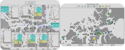 Sharp increase in dissolved and particulate Fe, as well as other lithogenic-derived TEs, in the Canadian Arctic Archipelago at places where sediment resuspension was higher (i.e., > transmissivity drop), whereas noticeable lower values were measured in the tranquil waters in the western archipelago region.